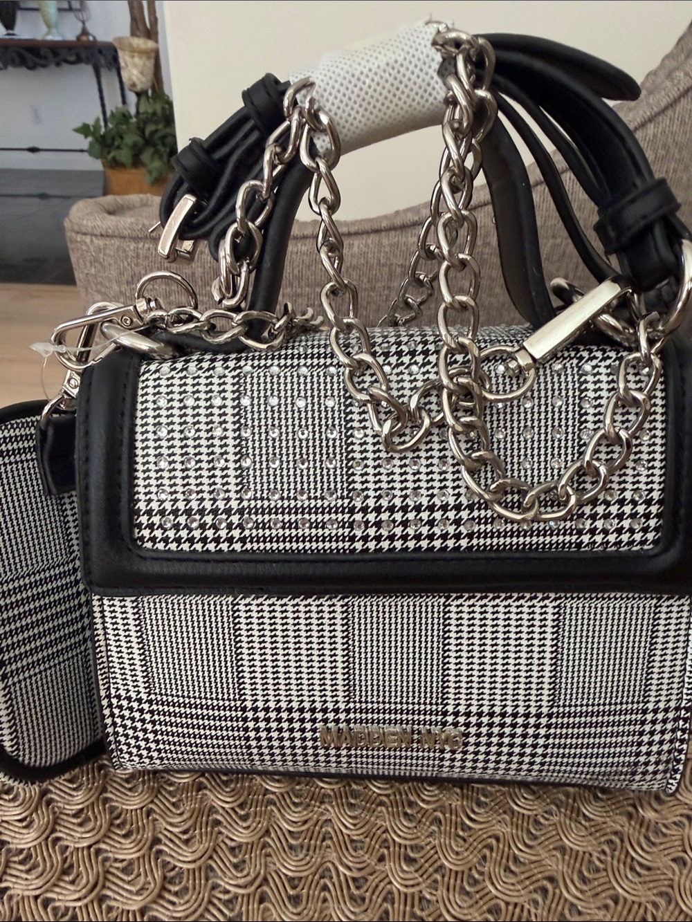 Classic Black & White Plaid Chain-Handle Satchel